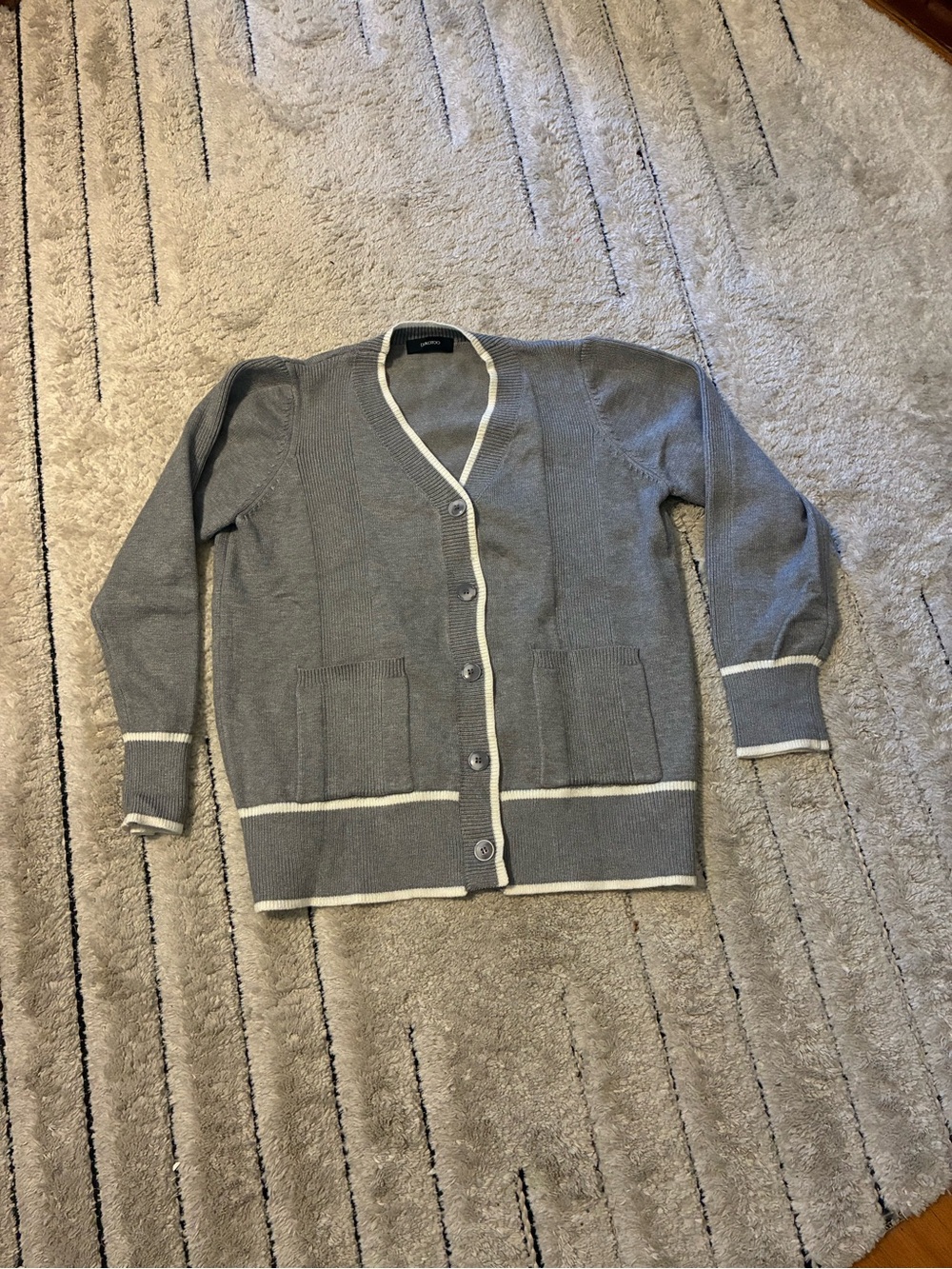 Classic Gray Cardigan with Cream Trim